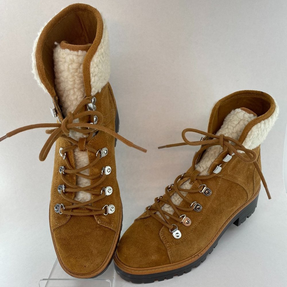 Marc Fisher Ankle Boot Lug Sole Brown Camel Genuine Sherling Suede 9.5M